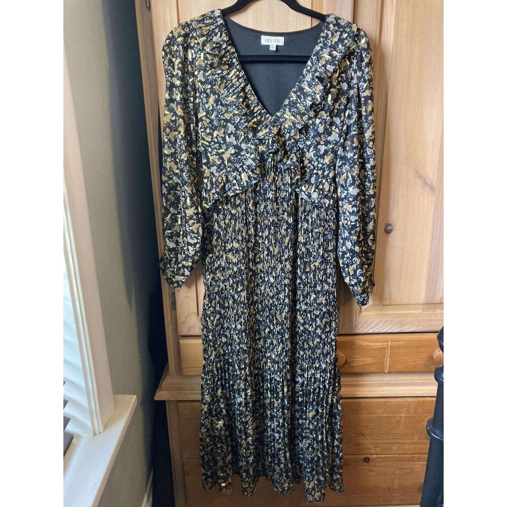 Mila Mae | Nordstrom Gold Shimmer Crinkle Pleated Maxi Dress Long Sleeve | XS